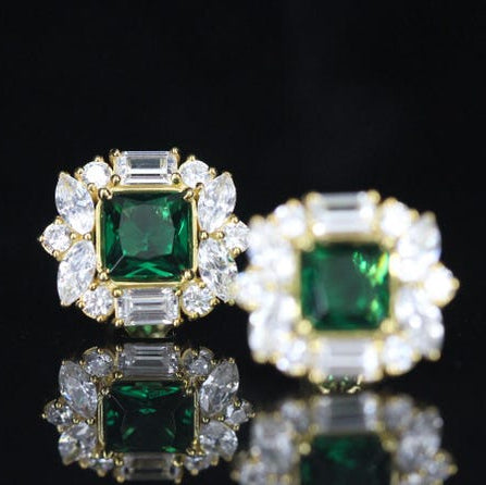 Vintage Style Emerald Green Stud Earrings - Gold Diamond Halo Fine Jewelry