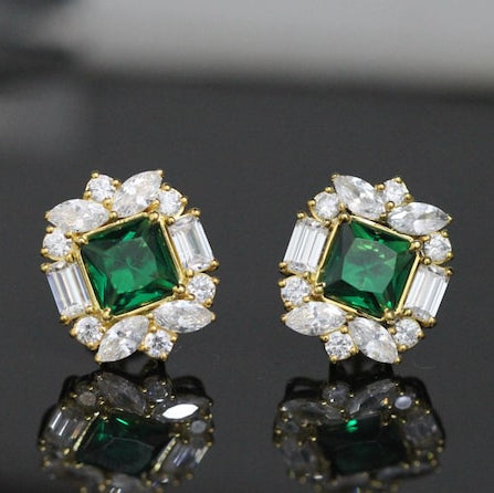 Vintage Style Emerald Green Stud Earrings - Gold Diamond Halo Fine Jewelry