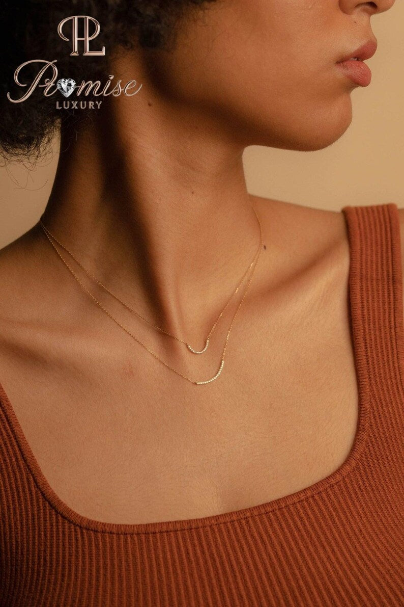 Lab Created Round Diamond Curved Bar Necklace – Modern Minimalist Style