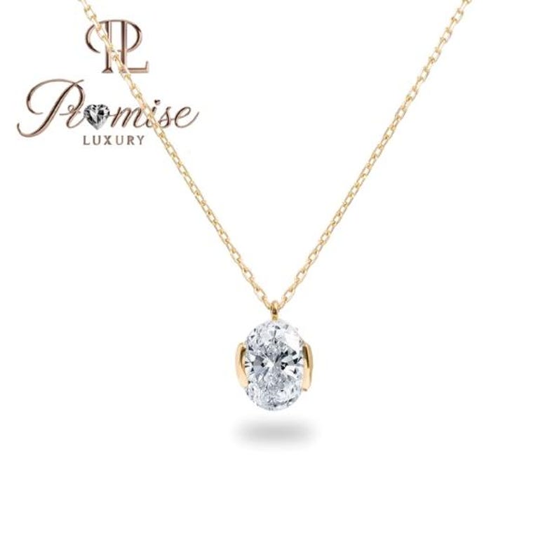 Minimalist Oval Lab Grown Diamond Necklace - Bezel set Solitaire Necklace
