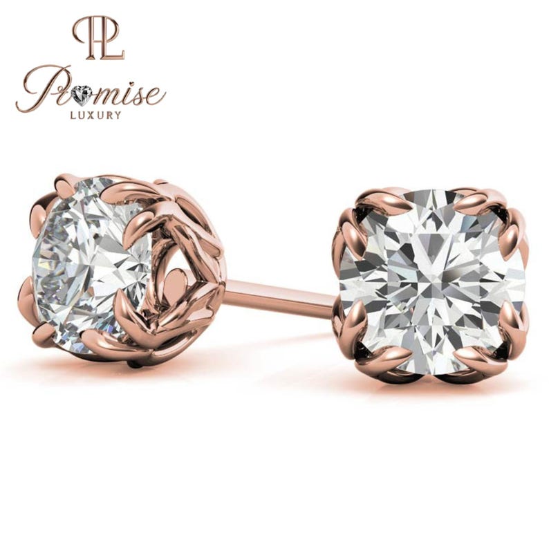 Luxury Round Diamond Stud Earrings in Gold - Claw Prong Classic Bridal Jewelry