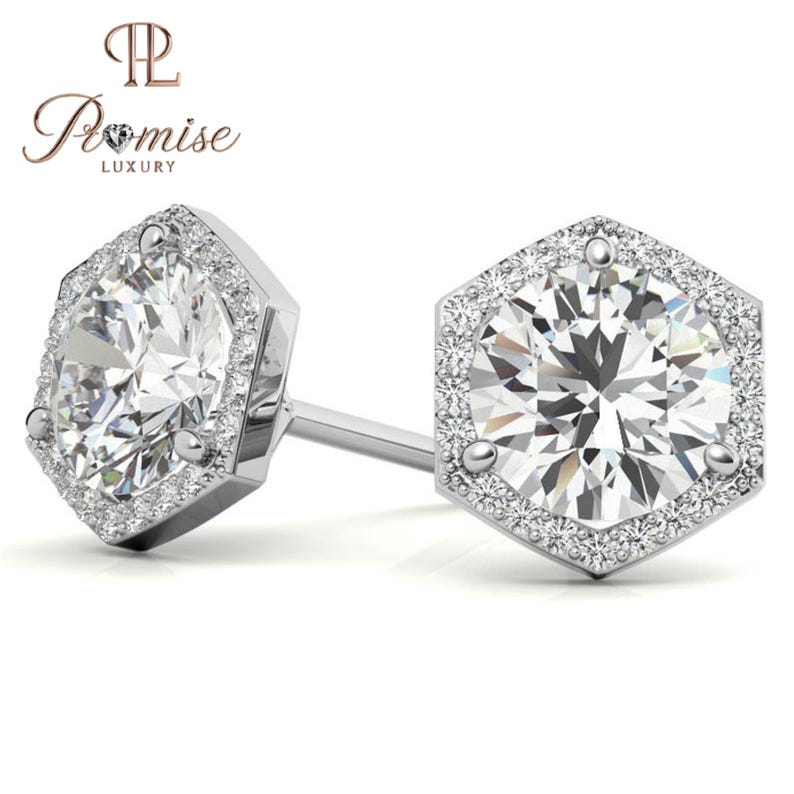 Elegant Hexagon Diamond Stud Earrings with Halo – Unique & Sparkling