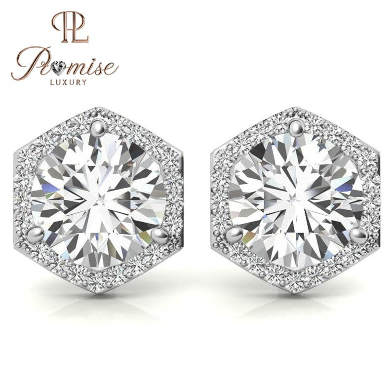 Elegant Hexagon Diamond Stud Earrings with Halo – Unique & Sparkling