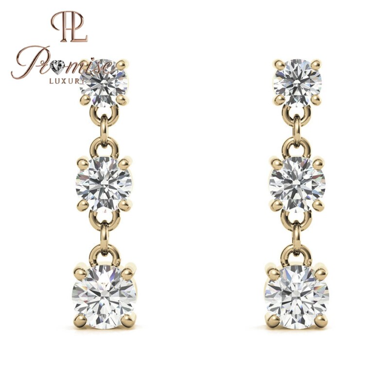 Triple Round Cut Diamond Drop Earring For Women, Minimalist Dangle Dorp Earrings
