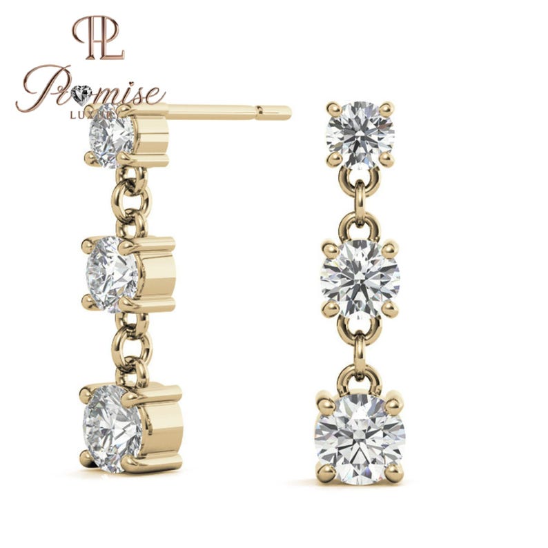 Triple Round Cut Diamond Drop Earring For Women, Minimalist Dangle Dorp Earrings