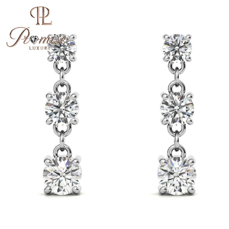 Triple Round Cut Diamond Drop Earring For Women, Minimalist Dangle Dorp Earrings