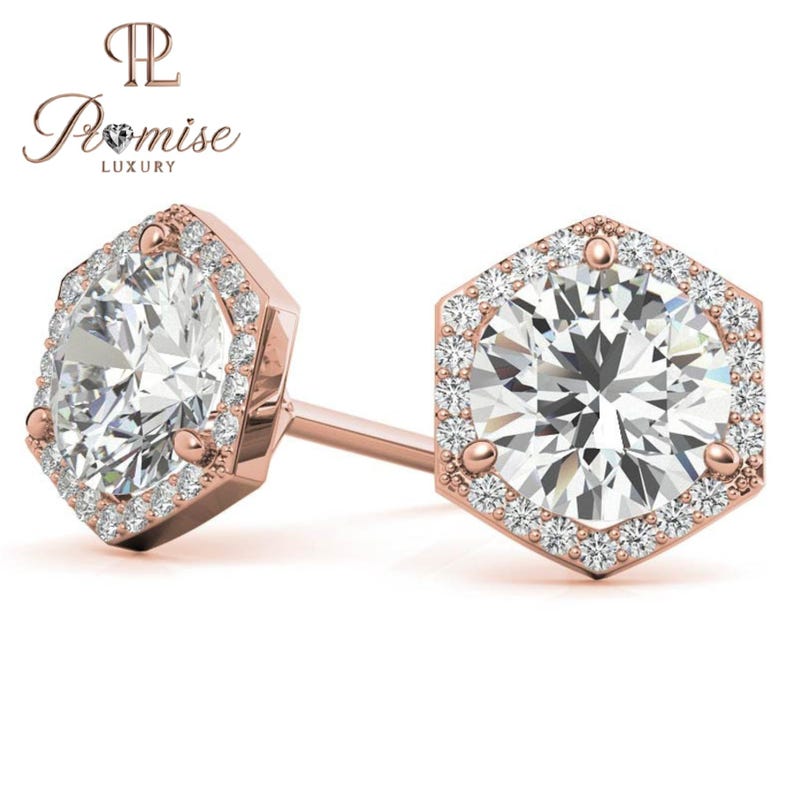 Elegant Hexagon Diamond Stud Earrings with Halo – Unique & Sparkling