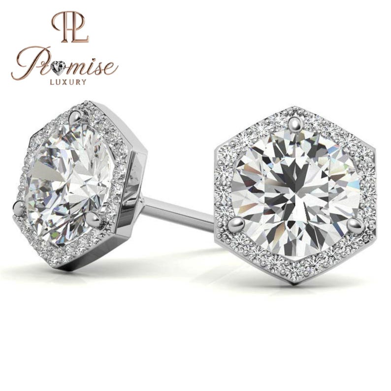 Elegant Hexagon Diamond Stud Earrings with Halo – Unique & Sparkling