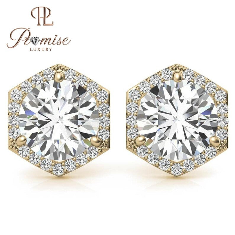 Elegant Hexagon Diamond Stud Earrings with Halo – Unique & Sparkling