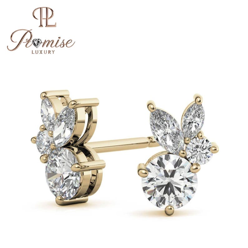 Marquise & Round Diamond Stud Earrings – Classic Cluster Style