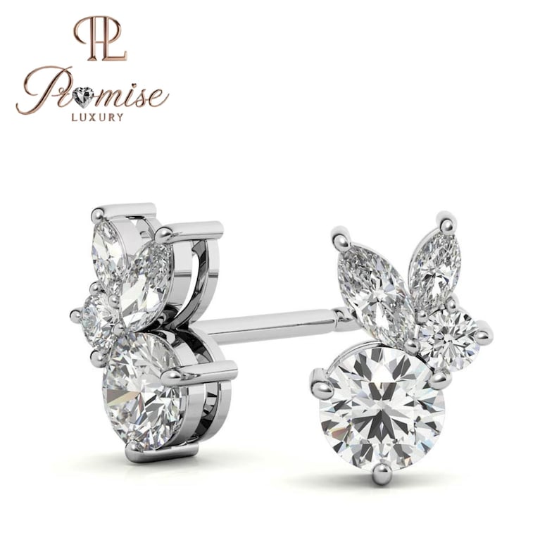 Marquise & Round Diamond Stud Earrings – Classic Cluster Style