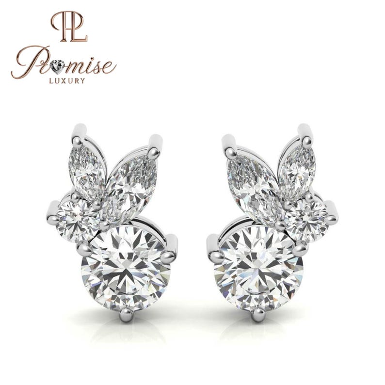 Marquise & Round Diamond Stud Earrings – Classic Cluster Style