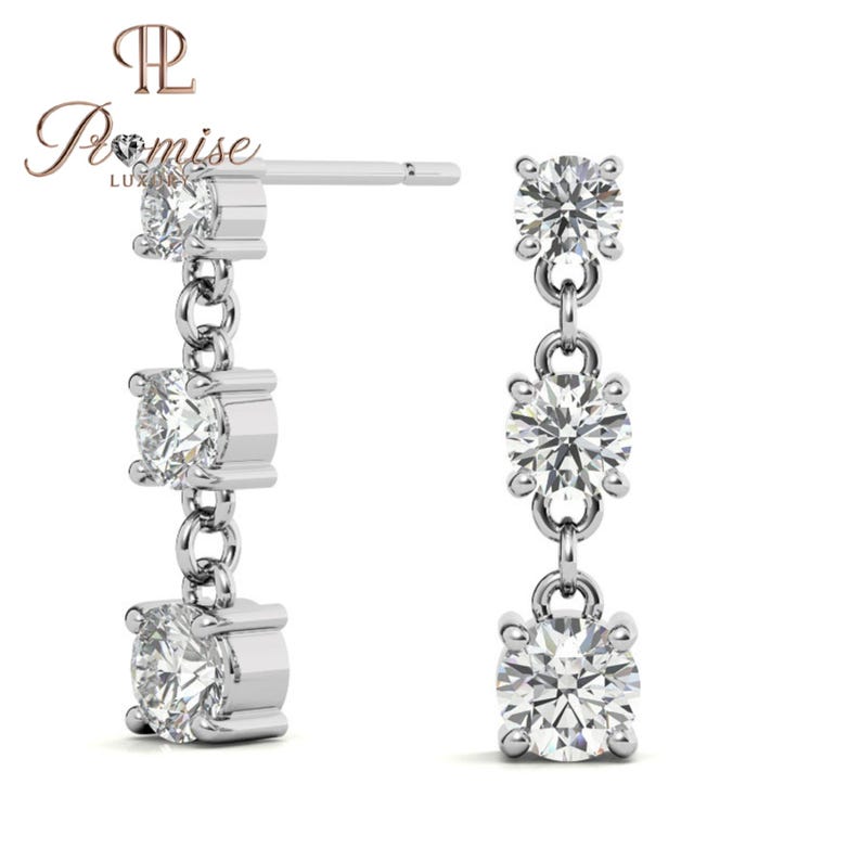 Triple Round Cut Diamond Drop Earring For Women, Minimalist Dangle Dorp Earrings