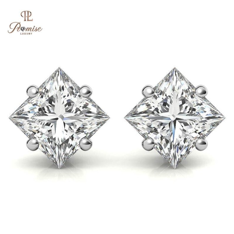 Lab Grown Princess Diamond Stud Earrings - Basket Setting Elegant Bridal Jewelry
