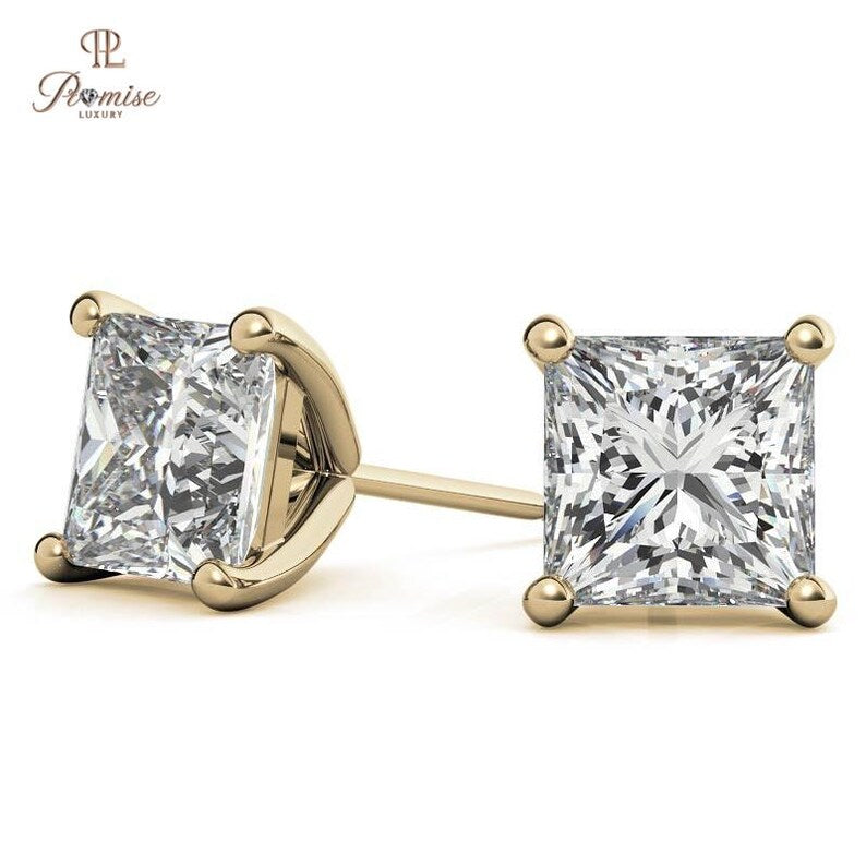 Princess Cut Solitaire Diamond Stud Earrings in 14K Gold – Classic Everyday Luxury