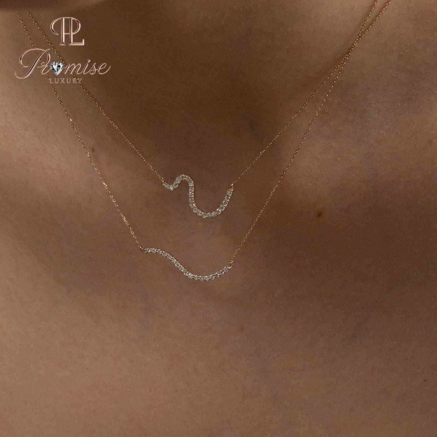 0.30 CT Lab-grown Round Diamonds, D-F Color, VS Clarity 14K Gold Wave Curve Diamond Pendant Necklace Dainty Luxury Gift for Her