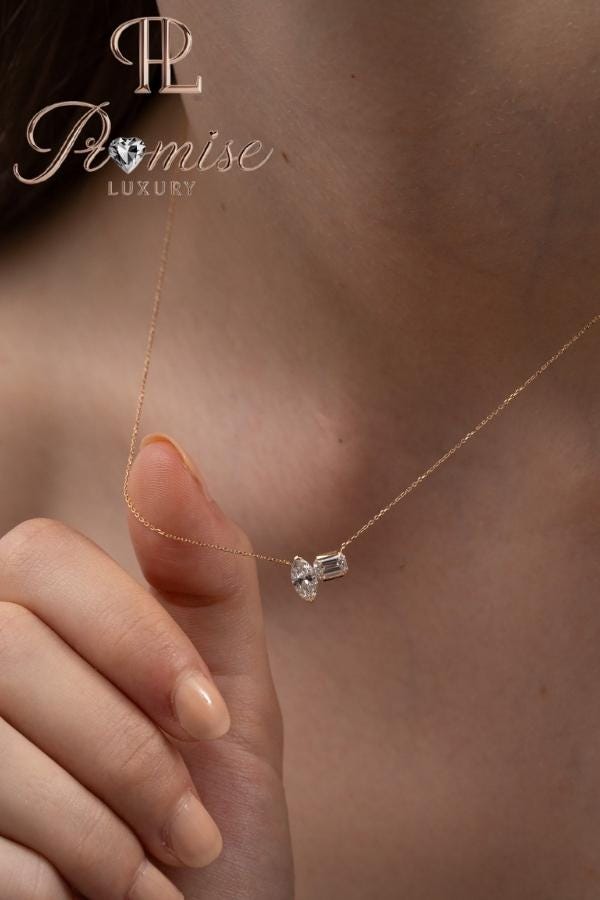 2.0 CT Dual Diamond Charm Necklace in 18K Yellow Gold – Marquise & Emerald Cut Lab Diamond Pendant by Promise Luxury