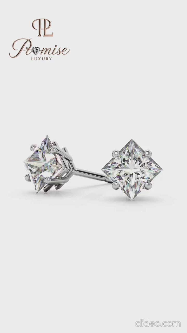Lab Grown Princess Diamond Stud Earrings - Basket Setting Elegant Bridal Jewelry