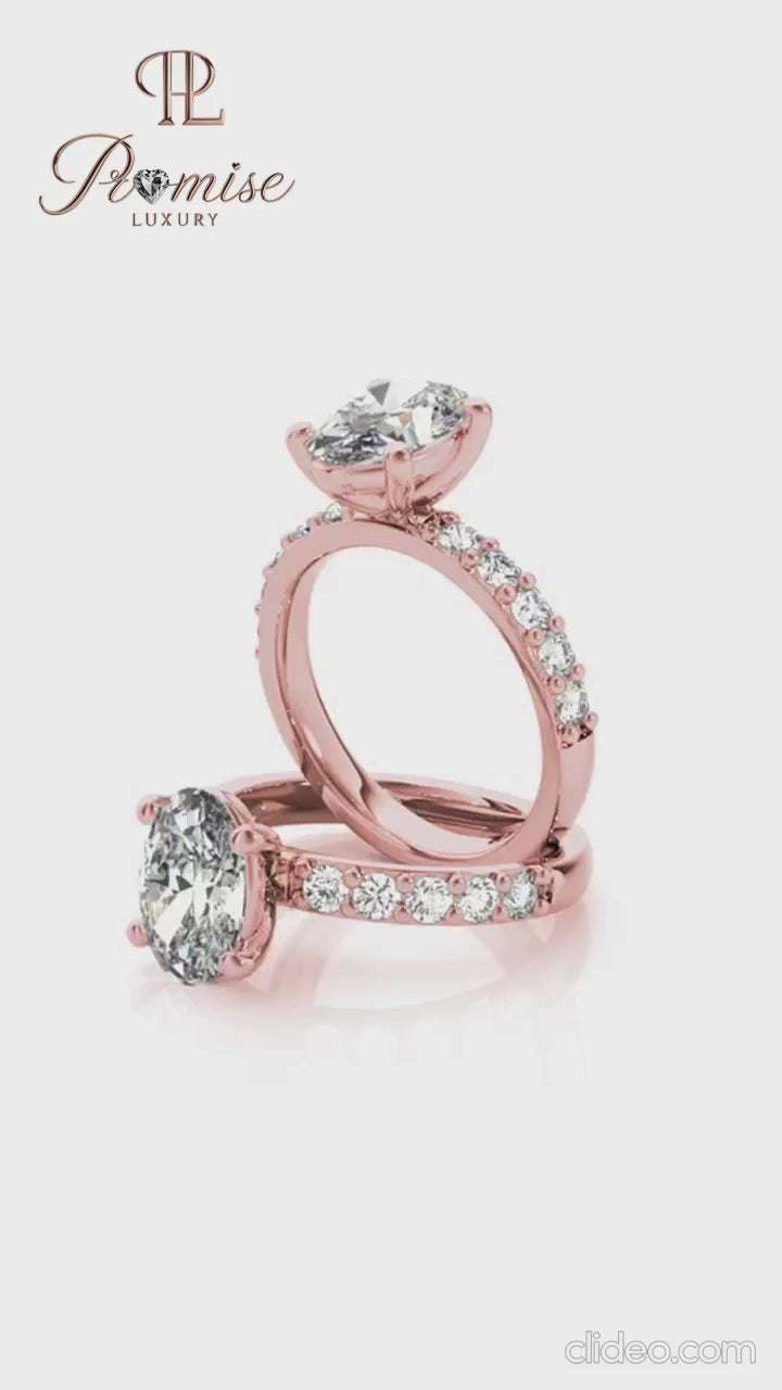 Oval Cut Lab Diamond Solitaire Engagement Ring with Accent Diamonds – 14K Gold Bridal Ring
