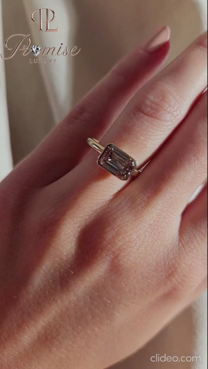 East West Emerald Cut Engagement Ring - Bezel Set Diamond Ring For Women