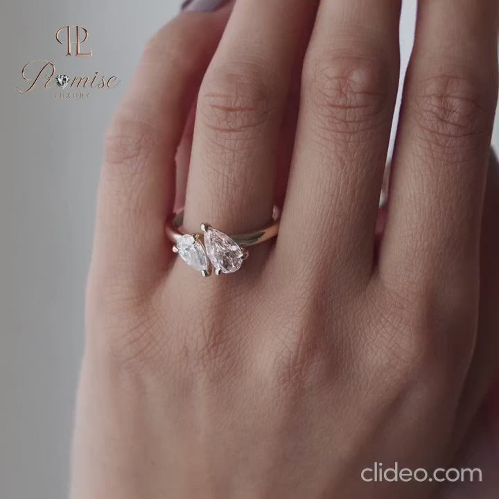Toi et Moi Double Pear Diamond Engagement Ring – Tilted Design 14K Gold Bridal Ring