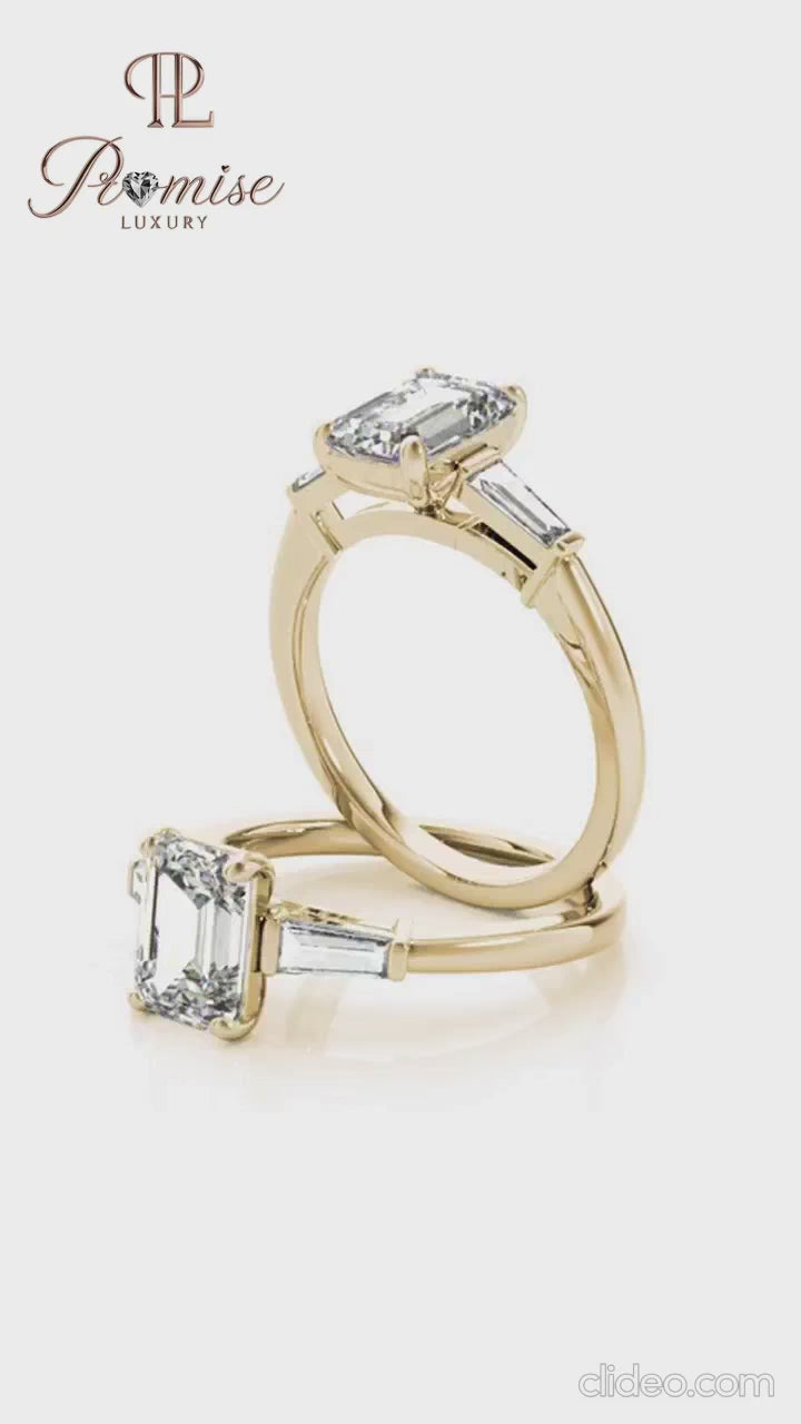 Emerald and Diamond Baguette Ring – Modern 14K Gold Engagement Ring