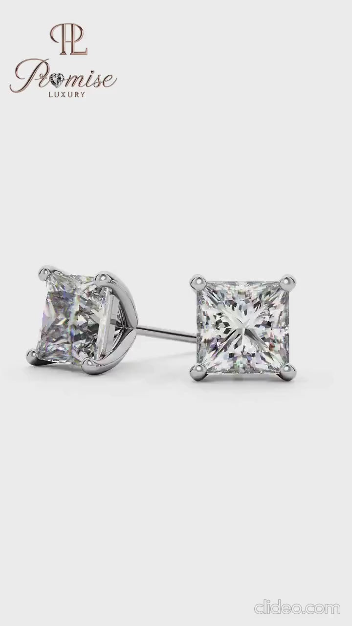 Princess Cut Solitaire Diamond Stud Earrings in 14K Gold – Classic Everyday Luxury