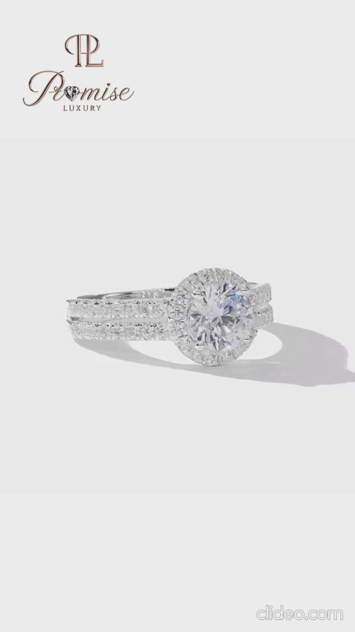 Sustainable Round Cut Halo Lab Grown Diamond Ring – Double Pave Band