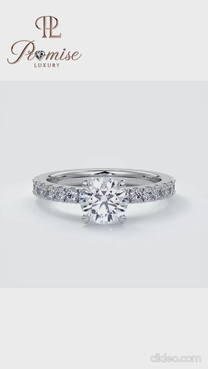 Luxury Round Cut Diamond Engagement Ring - Solitaire Pave Band Wedding Ring