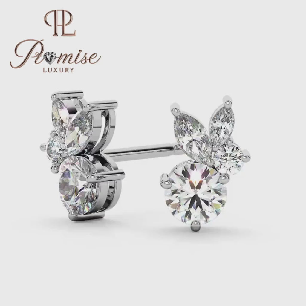 Marquise & Round Diamond Stud Earrings – Classic Cluster Style