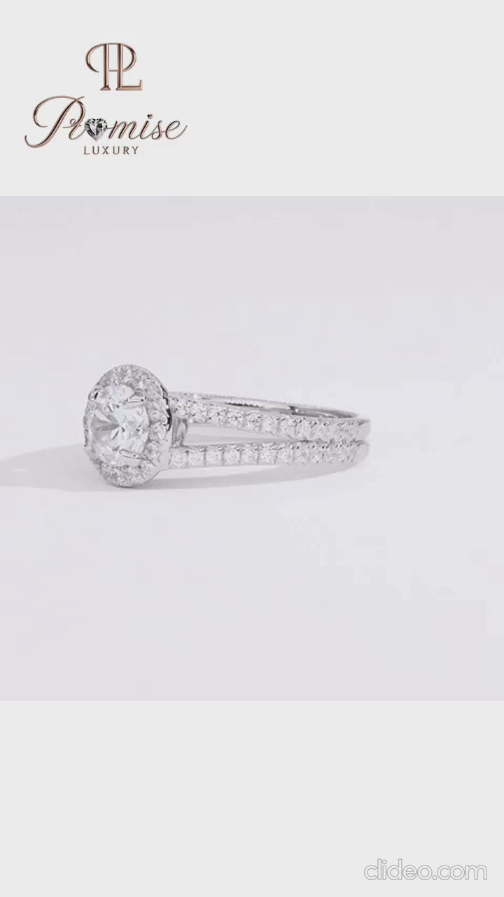 Luxury Round Halo Diamond Split Shank Engagement Ring - Solid Gold