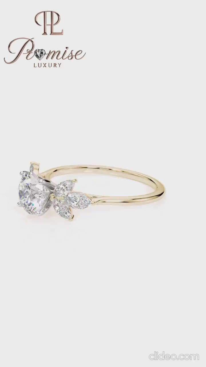 Elegant Round Diamond Engagement Ring – Trio Marquise Accents