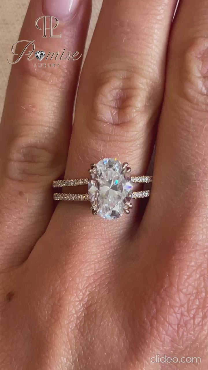 Oval Cut Solitaire Ring with Double Pavé Band – Luxury Engagement Ring