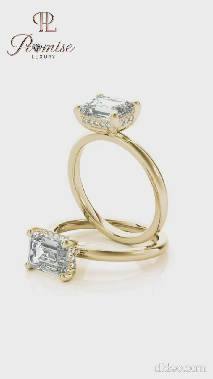 Unique East West Emerald Cut Hidden Halo Ring – Elegant Diamond Engagement Ring