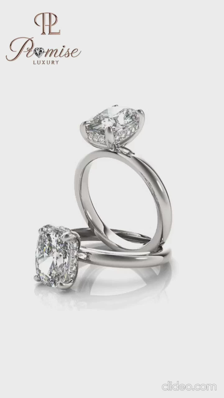 Elongated Cushion Diamond Engagement Ring – Classic 14K Gold Hidden halo Ring