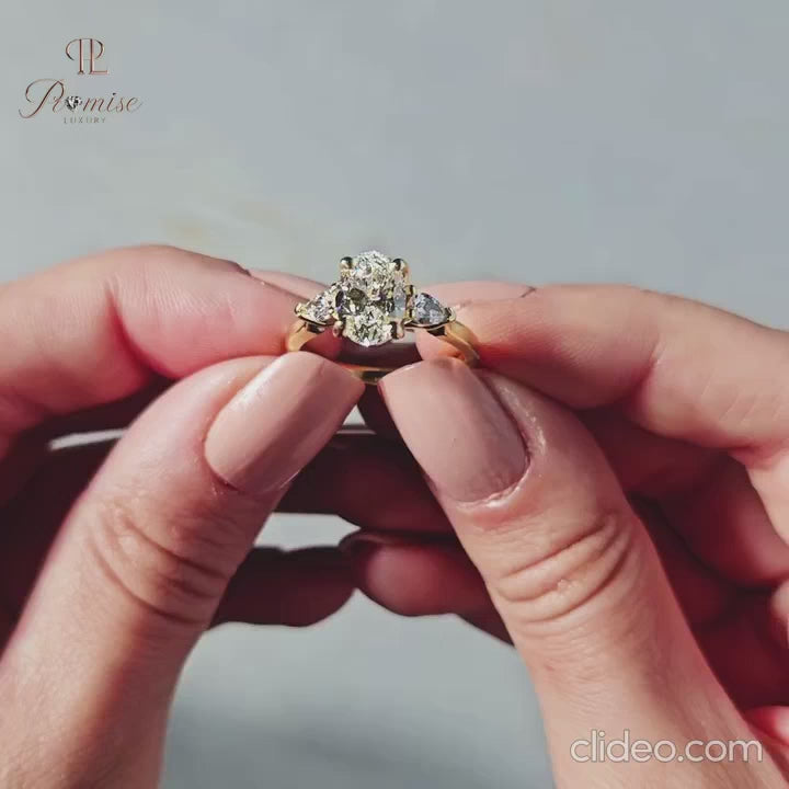 Three Stone Oval & Pear Cut Diamond Ring – Unique Engagement Ring for Women