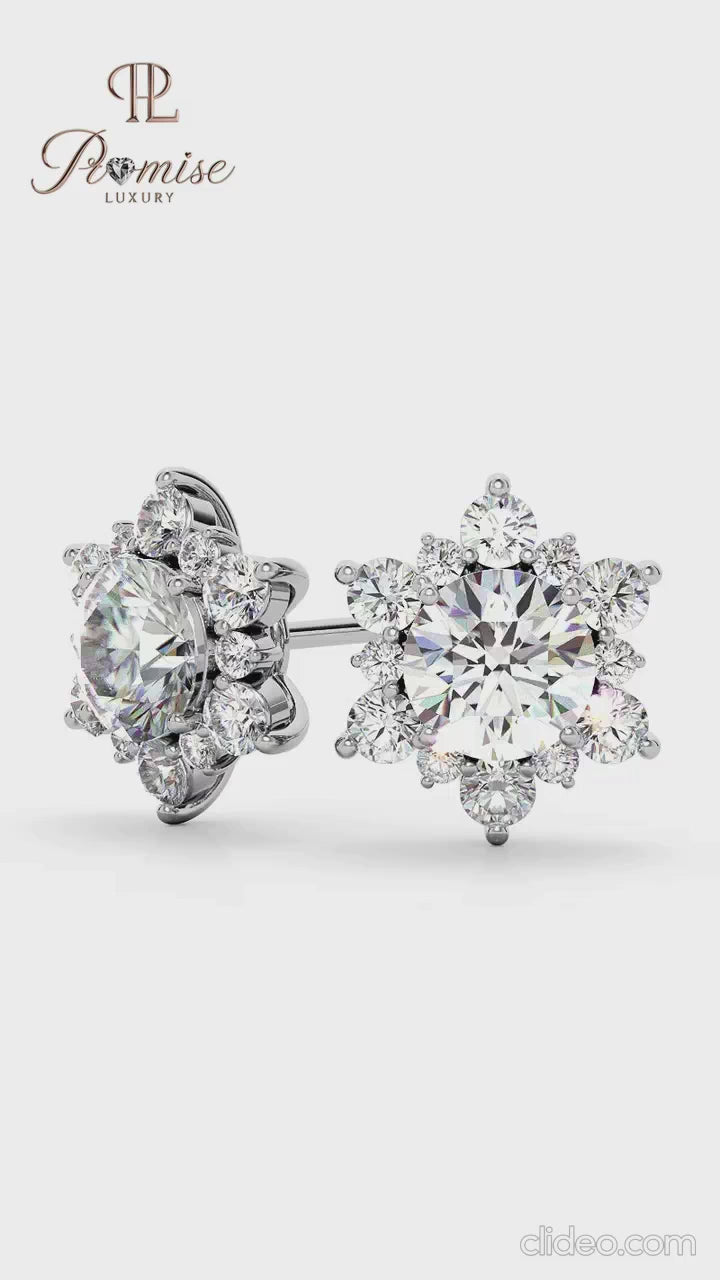 Round Brilliant Diamond Halo Stud Earrings in White Gold - Classic Flower Cluster Bridal Jewelry