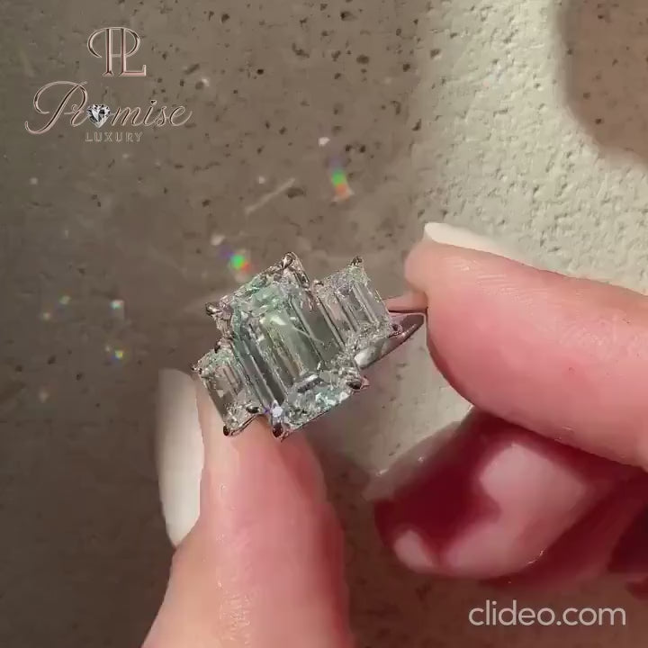 Three Stone Emerald Cut Engagement Ring – Lab Grown Diamond Statement Ring