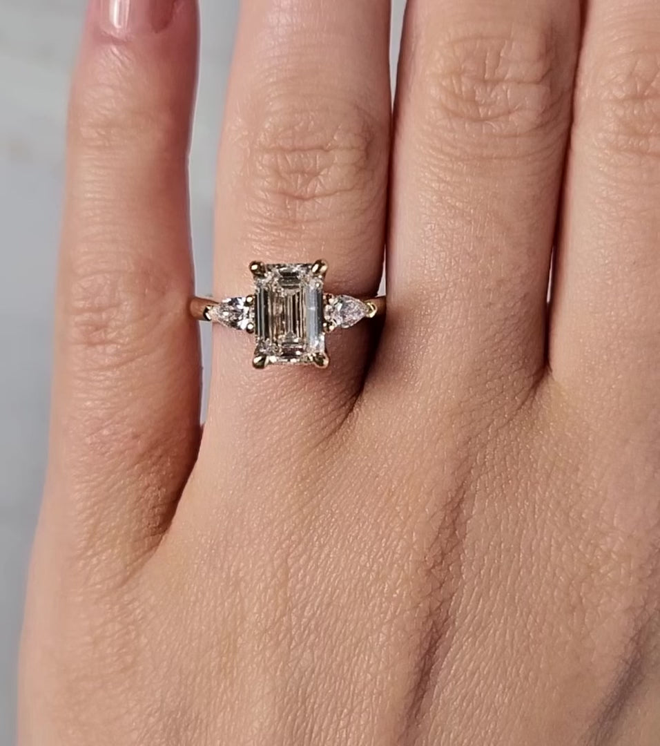 Three Stone Emerald Cut Diamond with Long Pear Engagement Ring in 14K Gold – Unique Bridal Ring