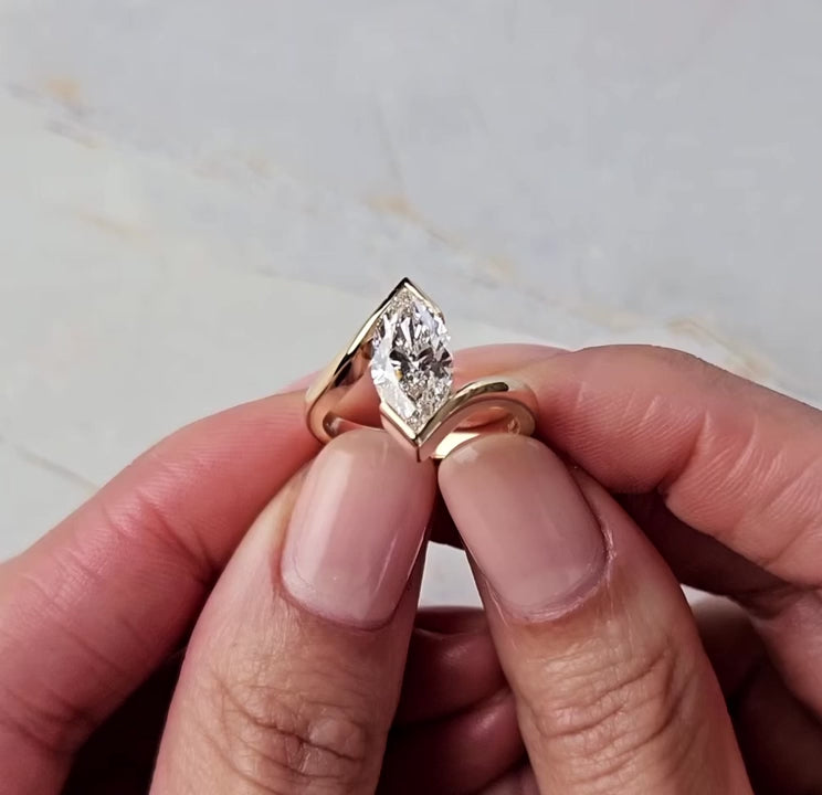Marquise Diamond Half Bezel Ring in 14K Gold – Modern Minimalist Engagement Ring
