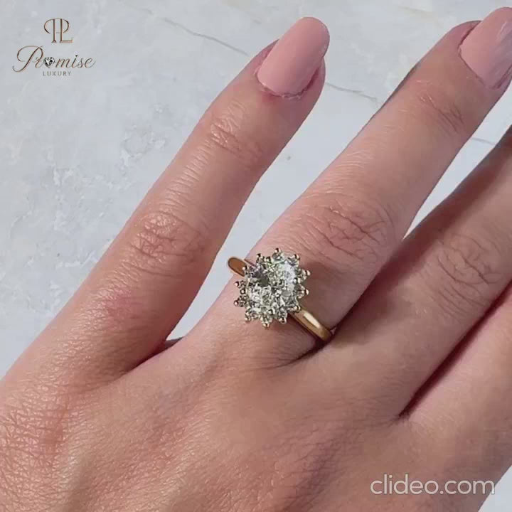 Flower Shape Halo Oval cut Diamond Ring - Unique Bridal Engagement Ring