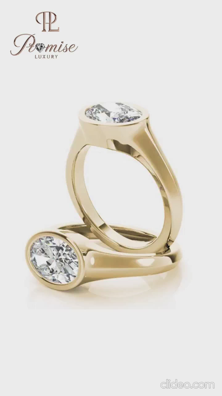 Oval Bezel set East West Engagement Ring - Unique Signet Style Gold Ring