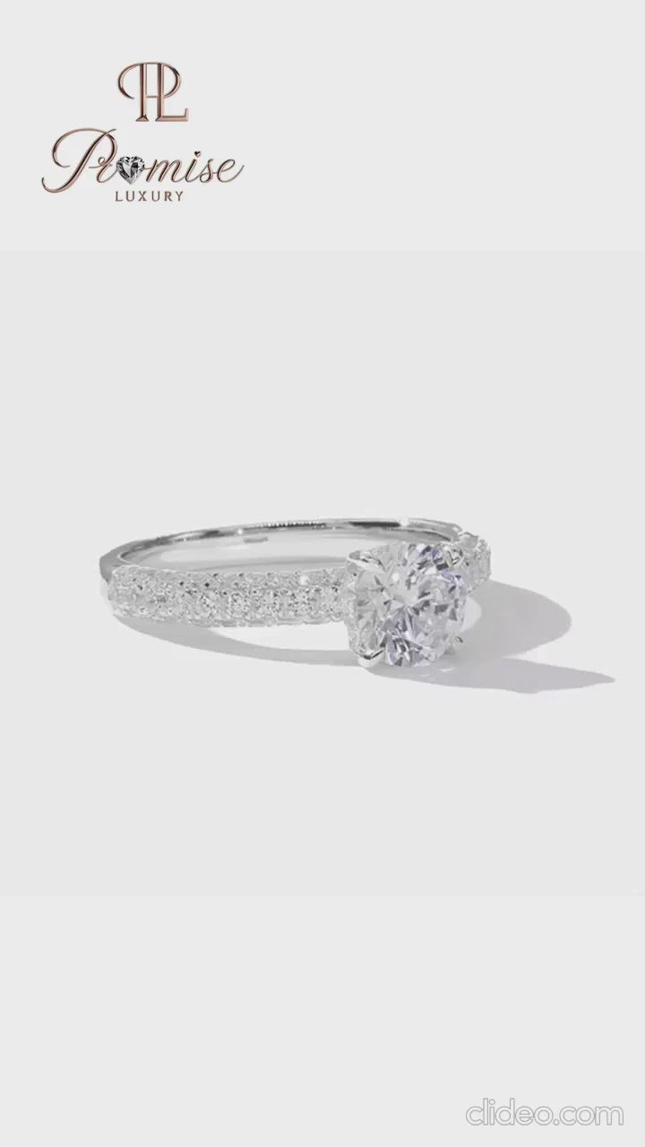 Round Cut Hidden Halo Diamond Ring – Micro Pave on Three Sides Wedding Ring