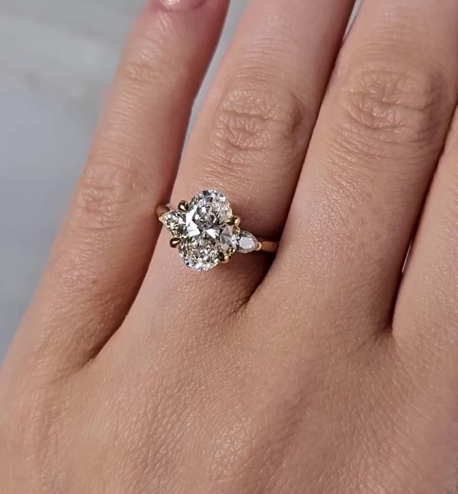 Three Stone Oval Lab Diamond Ring with Pear Side Diamonds - 14K Gold Trilogy Ring