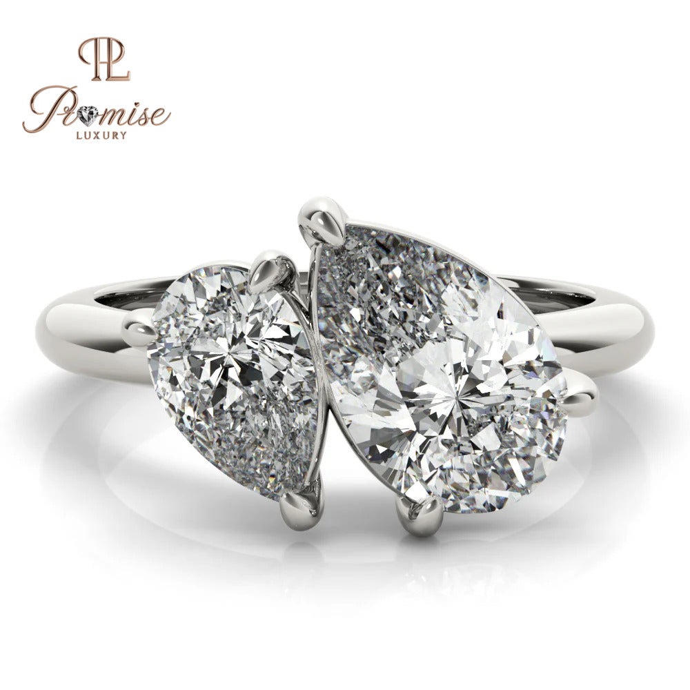 Toi et Moi Double Pear Diamond Engagement Ring – Tilted Design 14K Gold Bridal Ring
